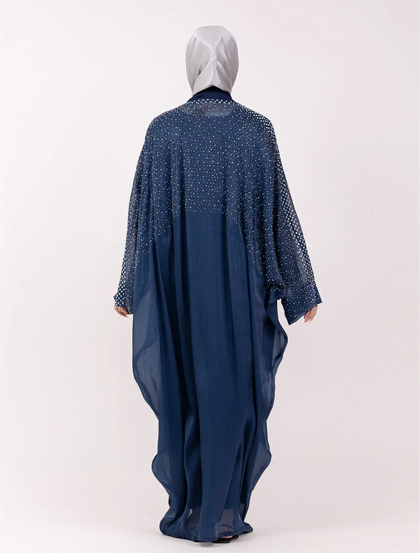 Navy Sparkle Crystal Embellished Sheer Overlay Abaya